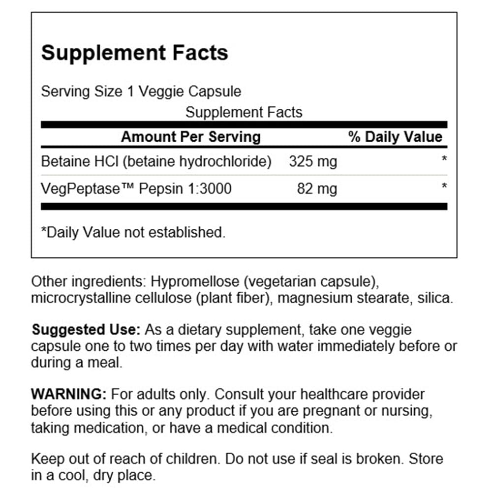 Betain HCl saltsyre - 250 veganske kapsler - Billede 3