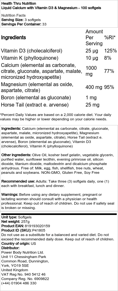 Flydende calcium med D3-vitamin og magnesium - 100 softgels - Billede 2