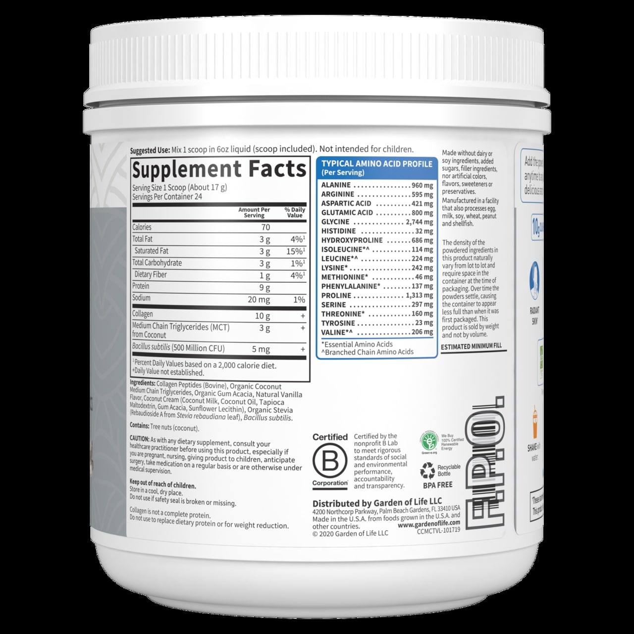 Græsfodret Kollagen Kokosnød MCT Vanilje 14,39 oz (408 g) pulver - Billede 3