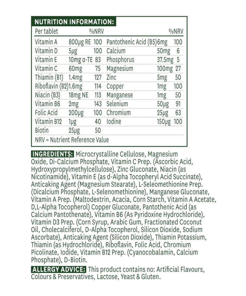 Natures Aid - Multi-Vitaminer & Mineraler uden Jern 60 Tabletter - Billede 2