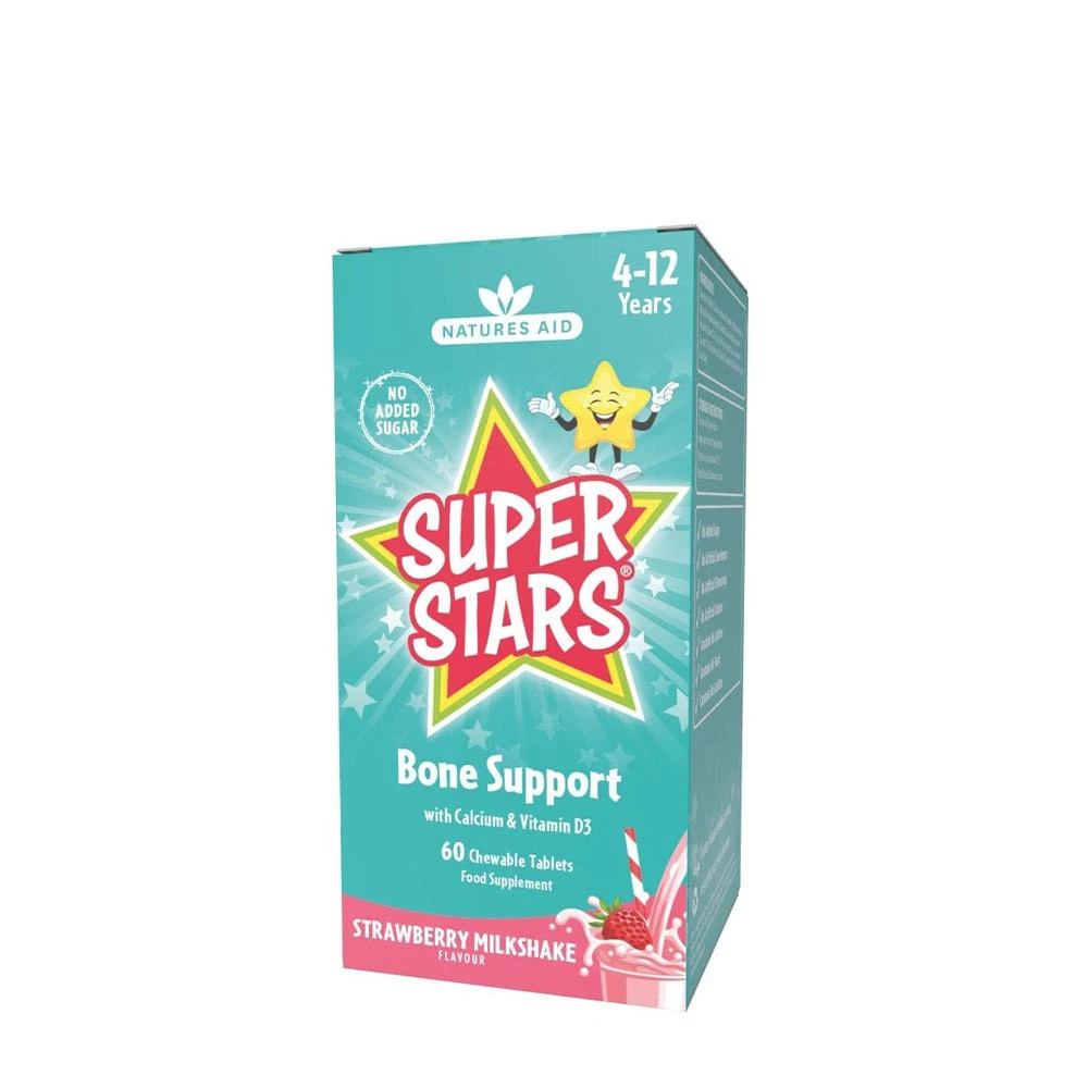 Natures Aid - Super Stars Bone Support Jordbær Milkshake Smag 60 Tyggetabletter