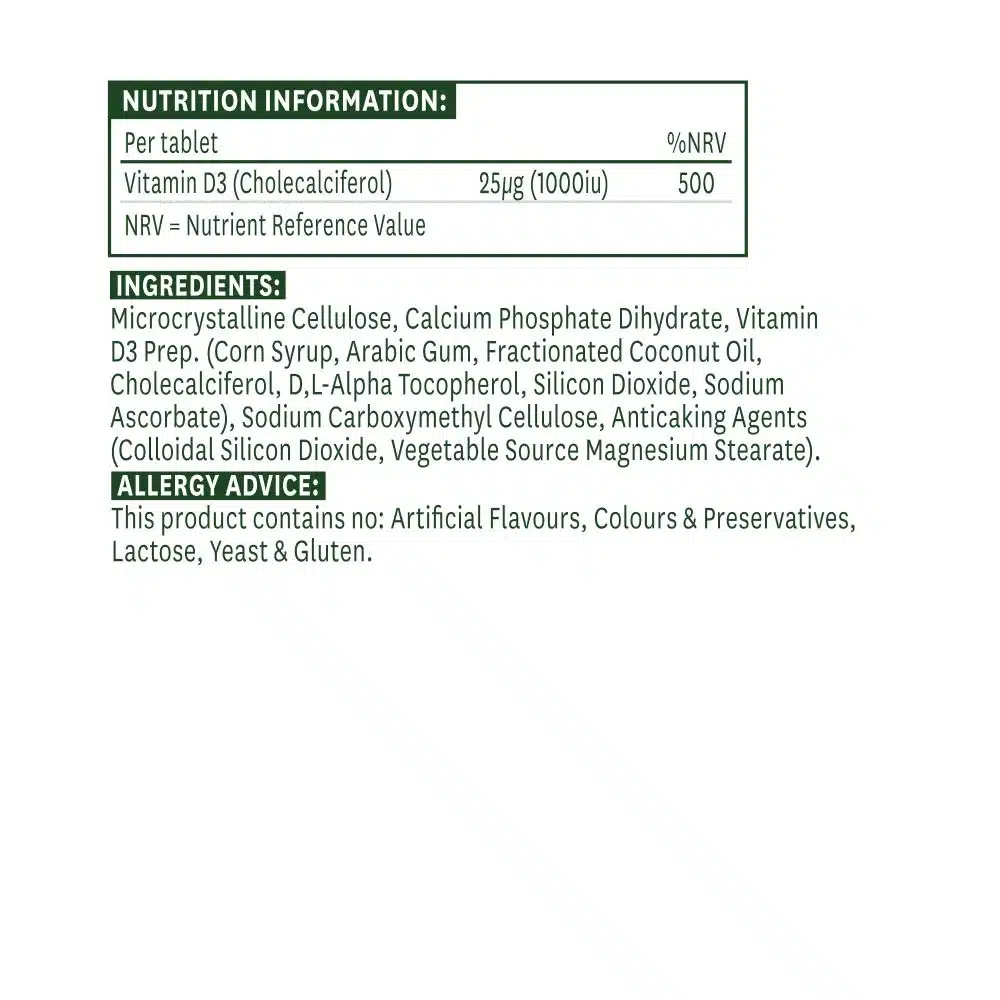 Natures Aid - Vitamin D3 1000 IU Vegan, 60 tabletter - Billede 2