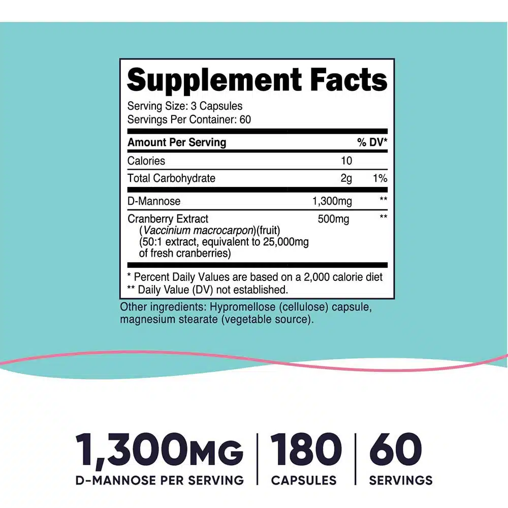 Nutricost - D-Mannose med Tranebærekstrakt til Kvinder 1300 mg (180 Kapsler) - Billede 2