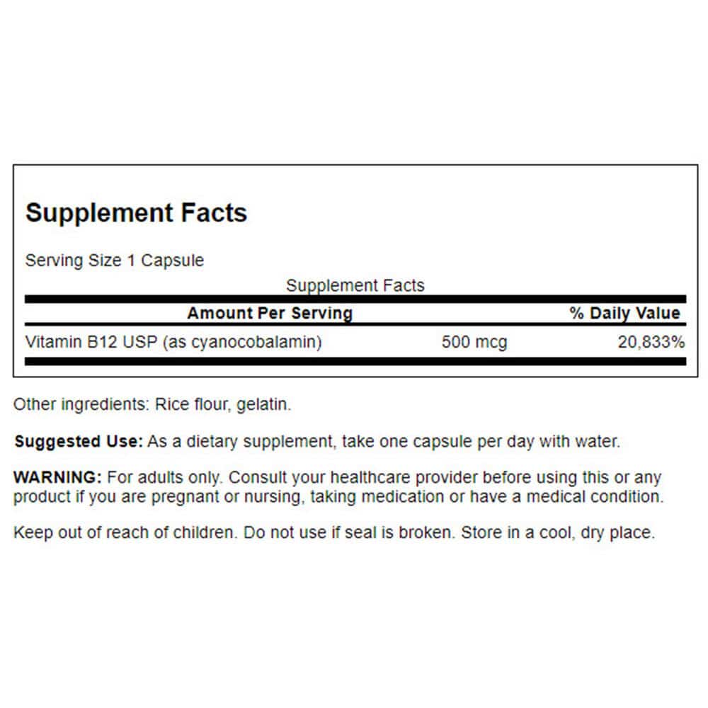 Swanson - Vitamin B12 Cyanocobalamin 500 mcg, 30 kapsler - Billede 3