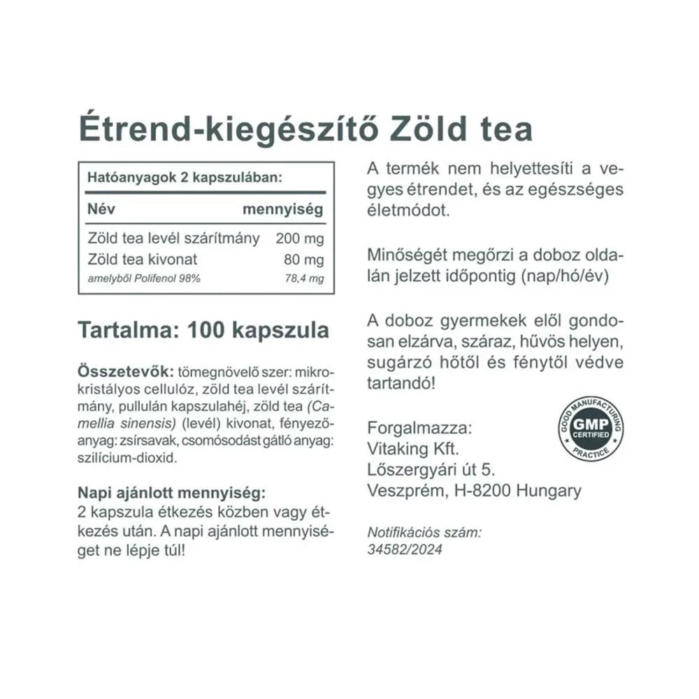 Vitaking - Grøn Te Ekstrakt med Polyfenoler 100 Kapsler - Billede 2