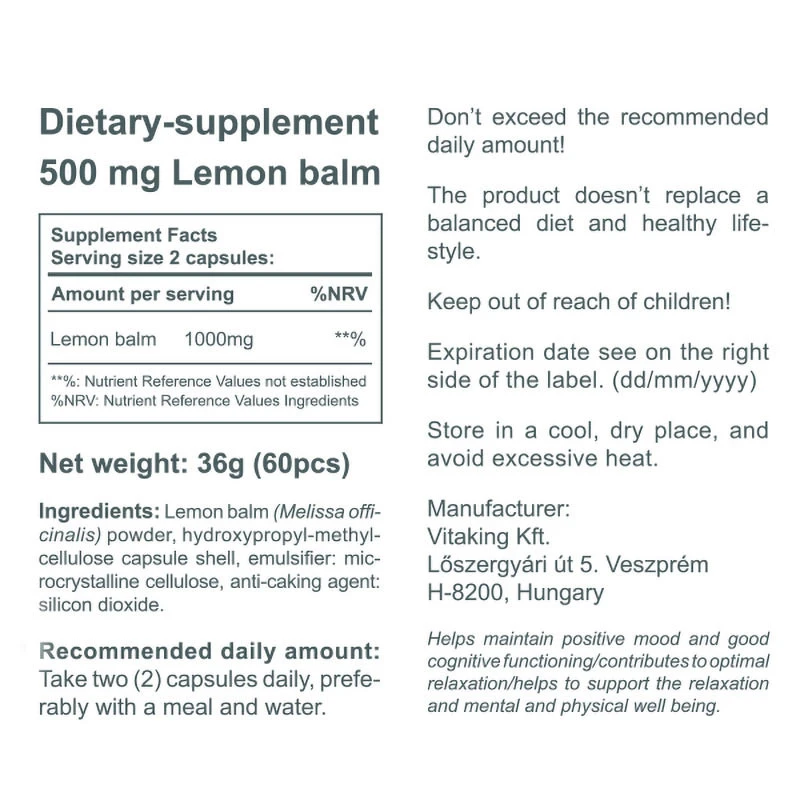 Vitaking - Citronmelisse 500 mg (60 kapsler) - Billede 3