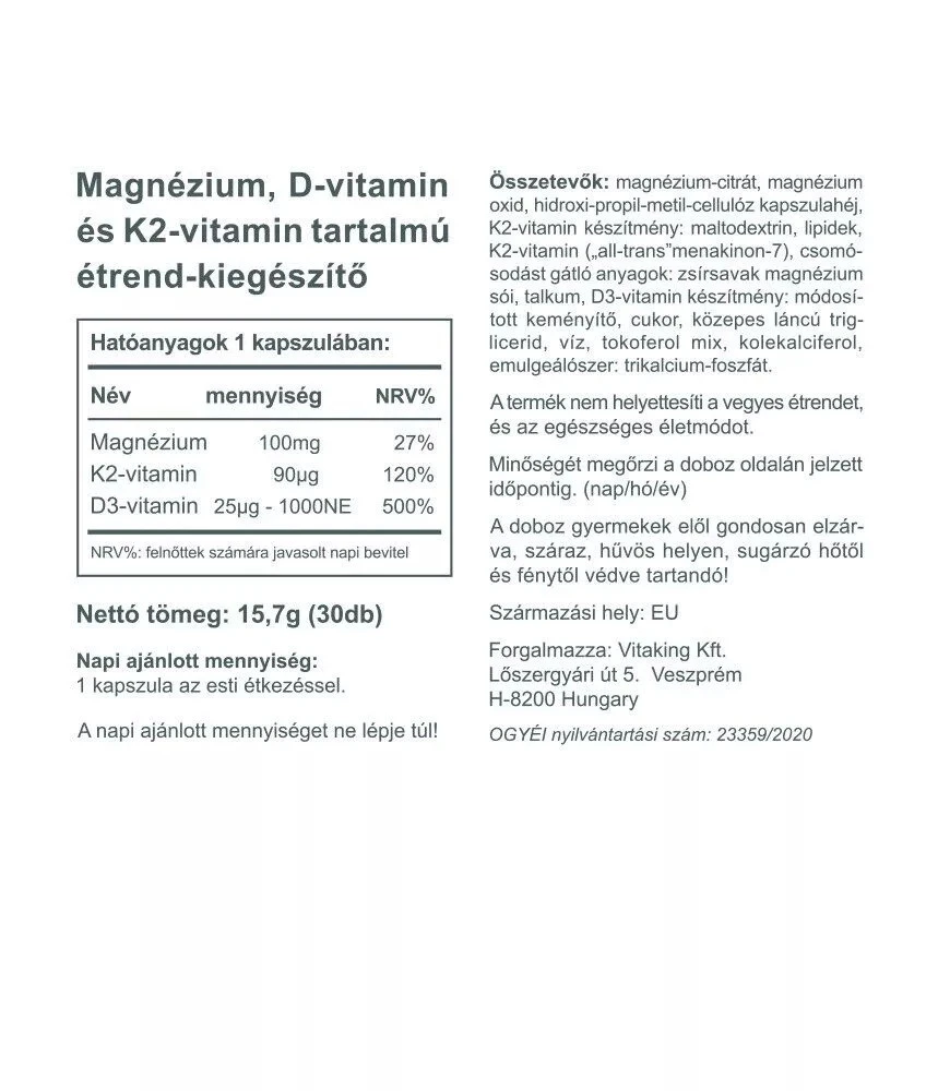 Vitaking - MagneTrio D3+K2+ Magnesium Bisglycinat 30 Kapsler - Billede 2