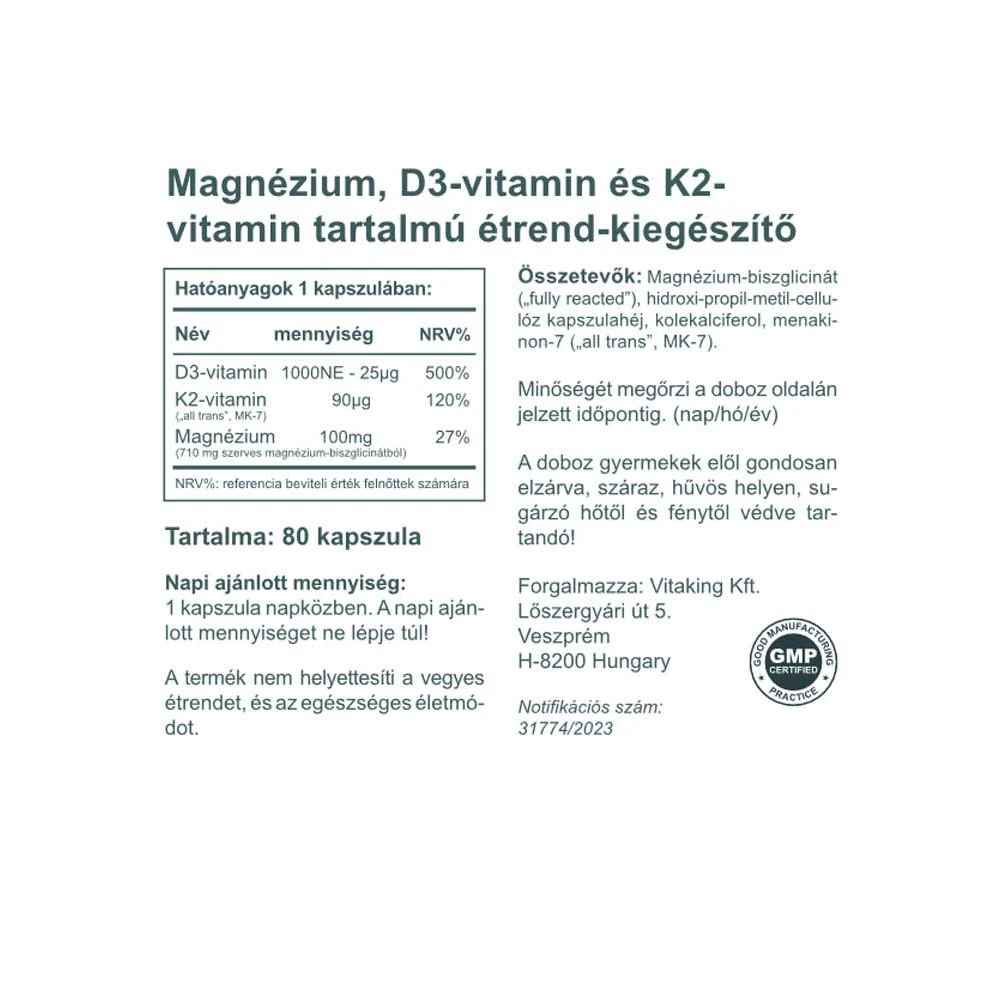 Vitaking - MagneTrio D3+K2+ Magnesium Bisglycinat 80 Kapsler - Billede 2