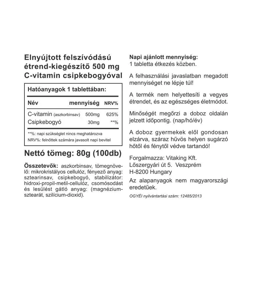 Vitaking - Vitamin C-500 med Hyben Time Release 100 Tabletter - Billede 2