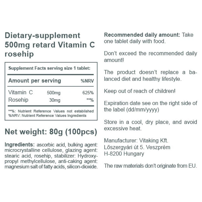 Vitaking - Vitamin C-500 med Hyben Time Release 100 Tabletter - Billede 3