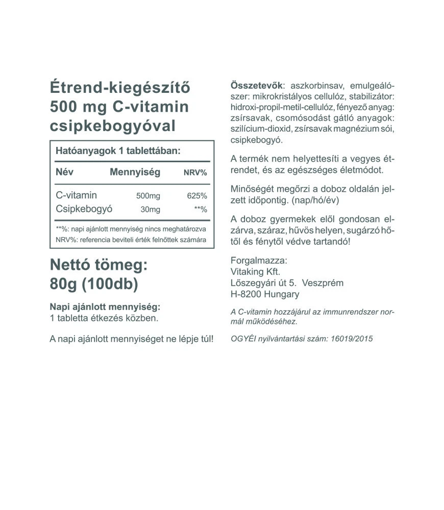 Vitaking - Vitamin C-500 med Hyben 100 Tabletter - Billede 2