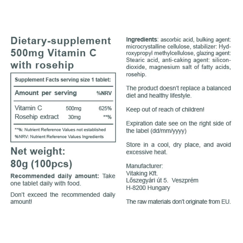 Vitaking - Vitamin C-500 med Hyben 100 Tabletter - Billede 3