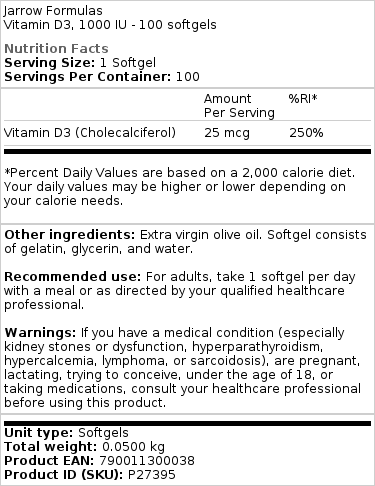 Vitamin D3, 1000 IE - 100 softgels - Billede 3