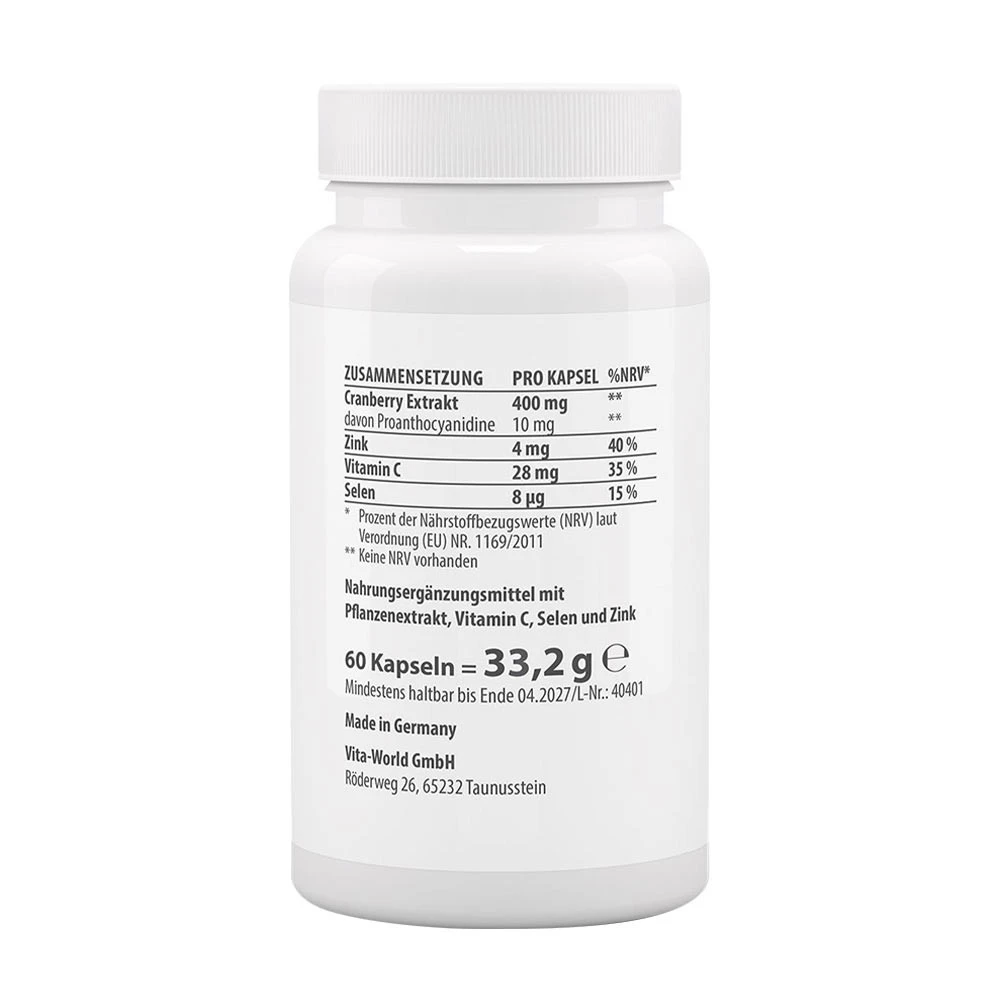 Vitaworld - Tranebær med Vitamin C, Selen og Zink 60 Kapsler - Billede 2