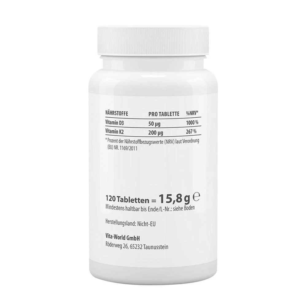Vitaworld - Vitamin D3 2000 IU + K2 MK7 200 mcg, 120 tabletter - Billede 2