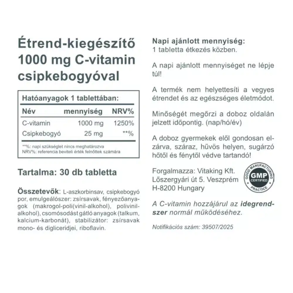 Vitaking - C-vitamin 1000 mg med 25 mg hybenekstrakt + 30 tabletter - Billede 2