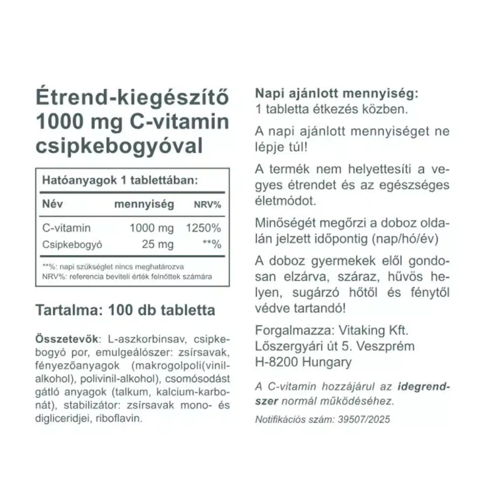 Vitaking - Vitamin C 1000 mg med hyben 25 mg + 100 tabletter - Billede 2